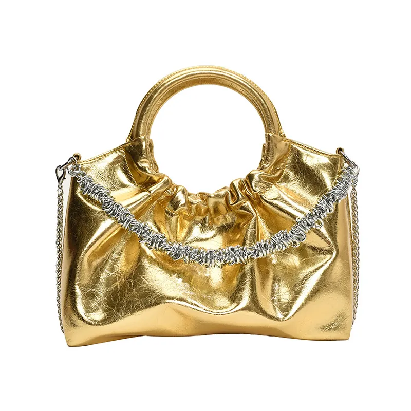 Metallic PU Leather Ruched Shoulder Bag For Women Fashion Round Handle Chunky Chain Pleated Crossbody Bag Designer Handbag