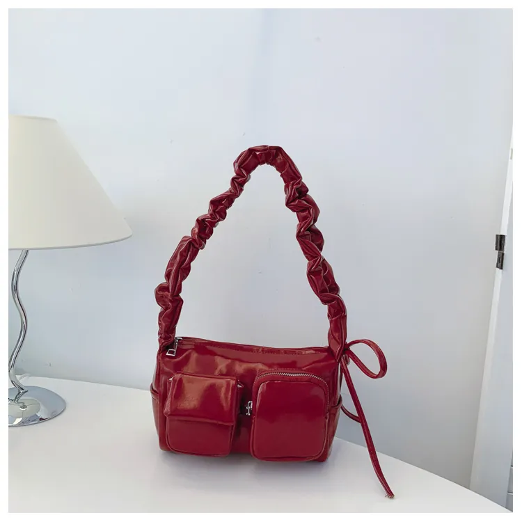 Glossy PU Leather Scrunchie Handle Shoulder Bag For Women Y2K Pleated Handbag Functional Front Pockets Daily Fashion Bag