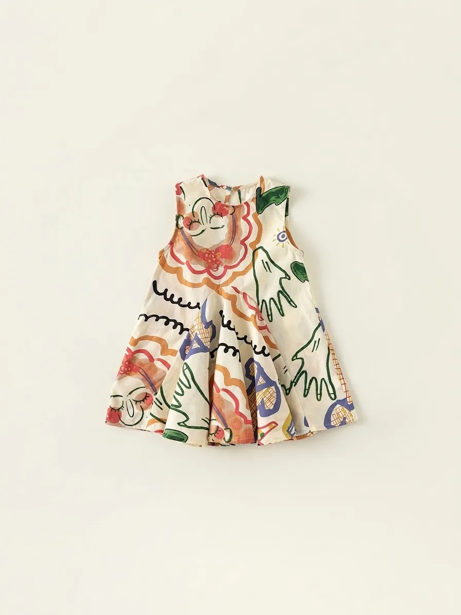 Vestito a Trapezio Senza Maniche in Cotone per Bambine con Stampa Graffiti Artistici Casual Estivo Abbigliamento Quotidiano