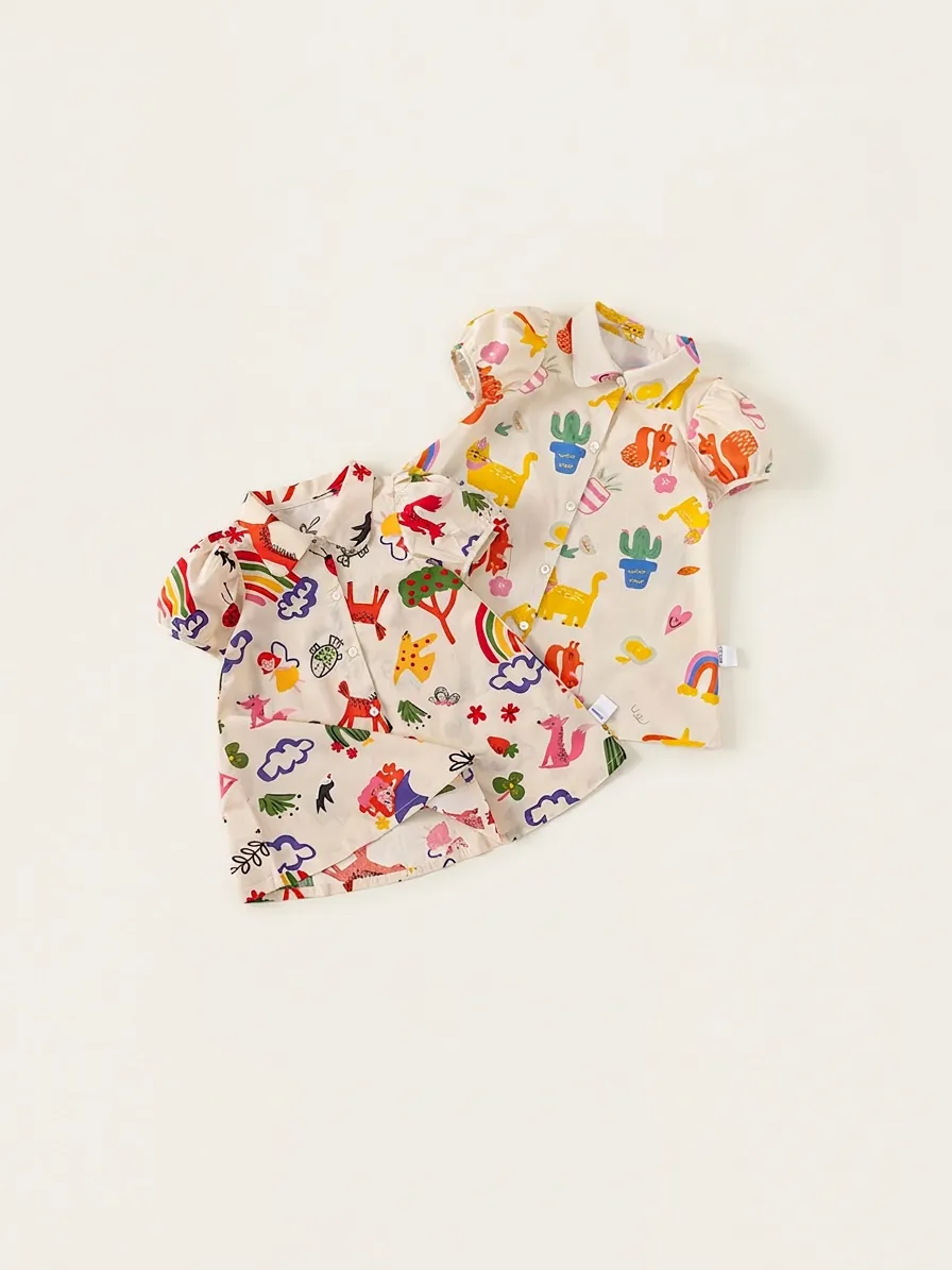 Robe Chemise en Coton à Graffiti pour Filles Manches Bouffantes Robe Trapèze Vêtements d'Été Décontractés pour Enfants Abricot