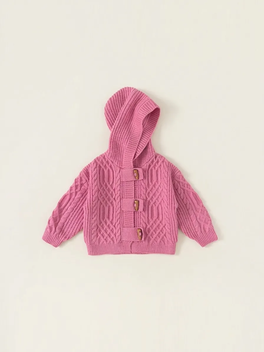 Peuter Vest Met Capuchon En Kabelbreisel Met Houtje-Touwtje Sluiting Effen Kleur Warm Zacht Gebreid Jasje Voor Jongens En Meisjes