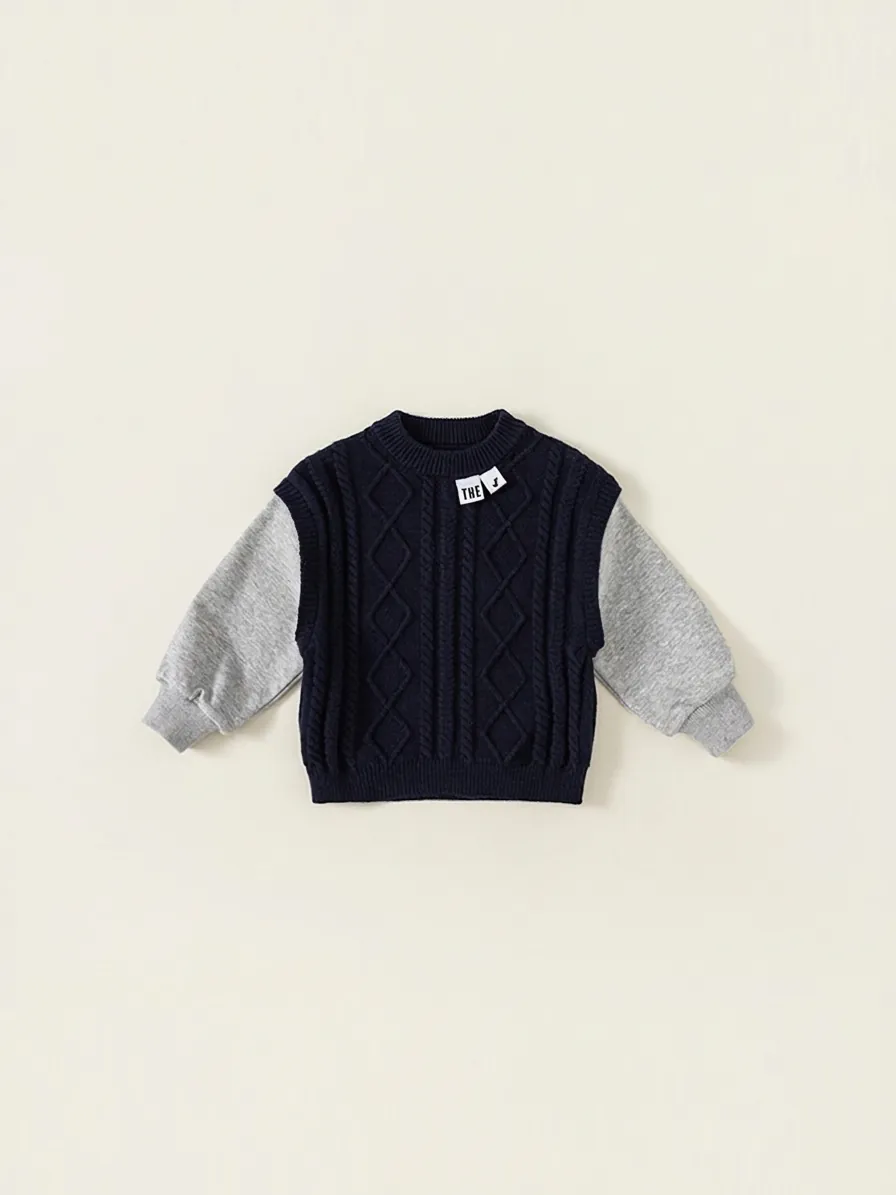 Kids Boys Fake Two Piece Cable Knit Sweater Long Sleeve Patchwork Pullover Top Navy Blue Grey Casual Spring Autumn Clothes