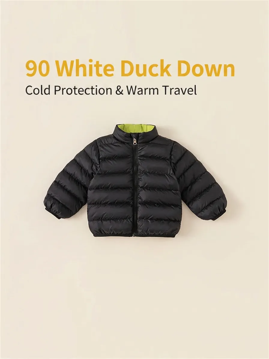 Kids Lightweight Reversible 90 White Duck Down Jacket Casual Warm Stand Collar Quilted Puffer Winter Coat For Boys Girls