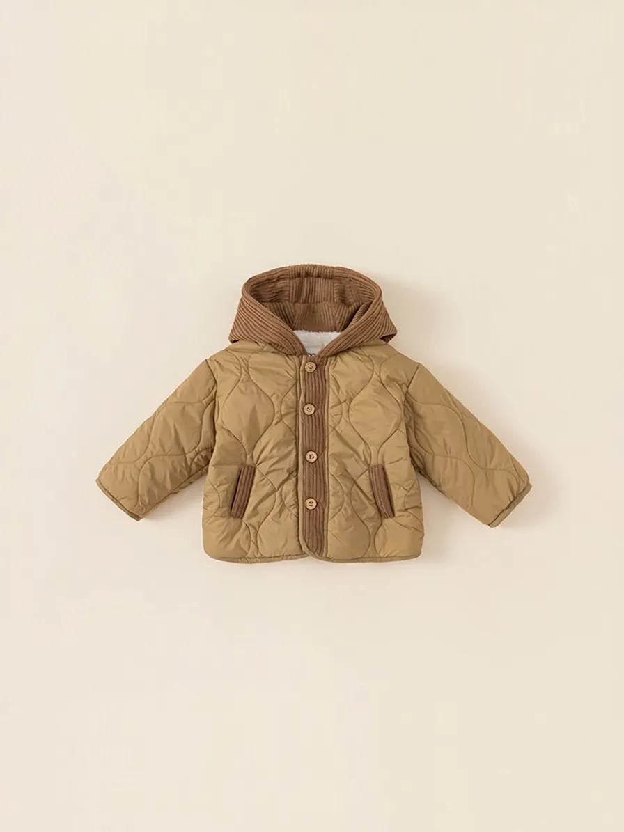 Children Winter Thickened Cotton Padded Coat Hooded Fleece Lined Warm Jacket Khaki Windproof Quilted Outerwear Boys Girls