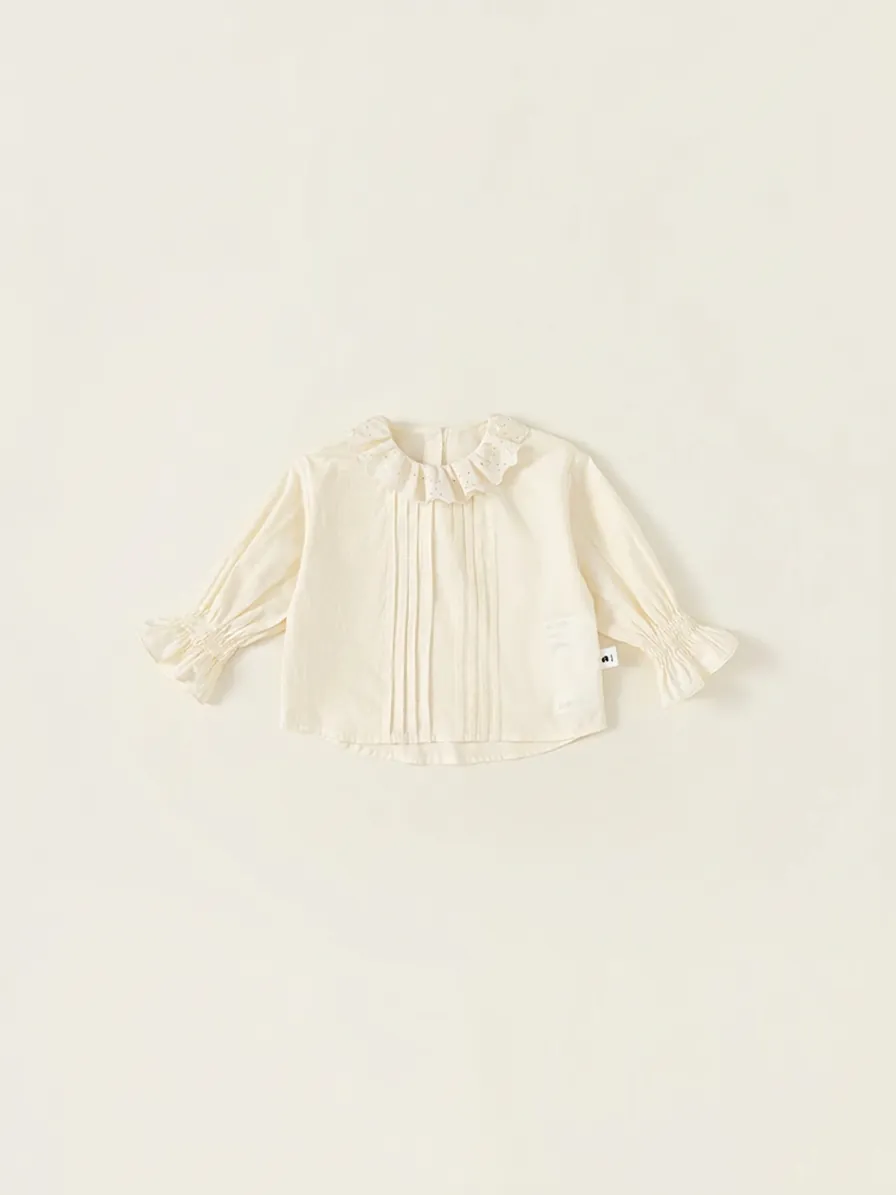 Girls Vintage Embroidered Peter Pan Collar Shirt Long Sleeve Pintuck Cotton Blouse Top For Toddler Kids School Clothing