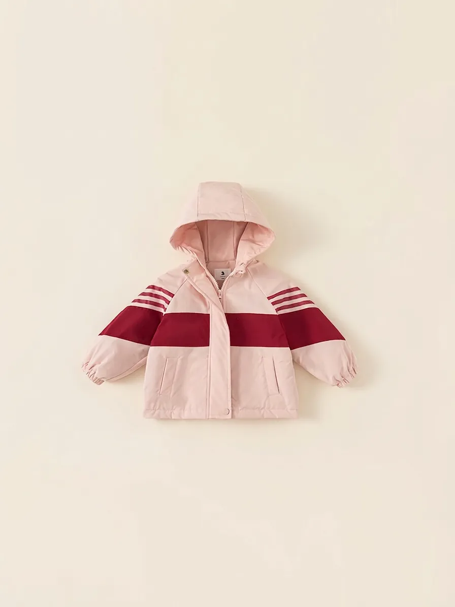 Girls Hooded Padded Jacket Polyester Windbreaker Color Block Thickened Warm Outerwear Casual Winter Coat For Kids