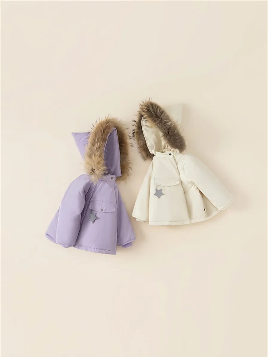 Girls Winter Warm Thickened Padded Coat With Faux Fur Collar Witch Pointed Hood Star Pendant Kids Parka Outerwear Jacket