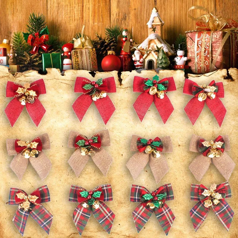 Christmas Bows With Gold Bells Holly Leaves Berries Plaid Burlap Velvet Xmas Tree Hanging Ornaments Party Home Decorations
