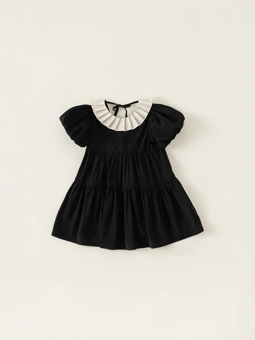 Elegant Girls Hepburn Style Black Dress Elegant Puff Sleeve Ruffled Collar Princess Tiered Cake Skirt Summer Kids Viscose Blend Dress