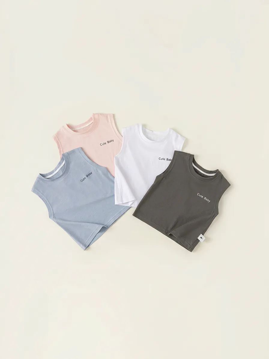 T-Shirt Sans Manches en Coton pour Enfants Débardeur Décontracté d'Été Avec Imprimé Lettres Cute Baby Col Rond Gilet pour Garçons Filles