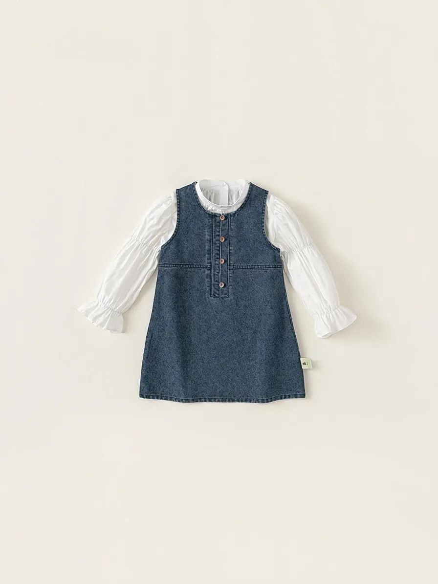 Kids Girls Casual Cotton Denim Jumper Dress A-Line Sleeveless Pinafore Dress Solid Color Button Decoration Spring Autumn Dress