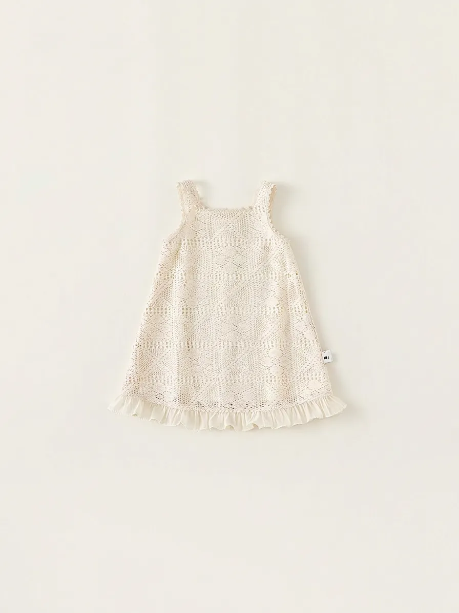 Girls Mori Style Sleeveless Crochet Hollow A-Line Dress Cream Apricot Lace Trim Summer Vacation Strap Sundress For Kids