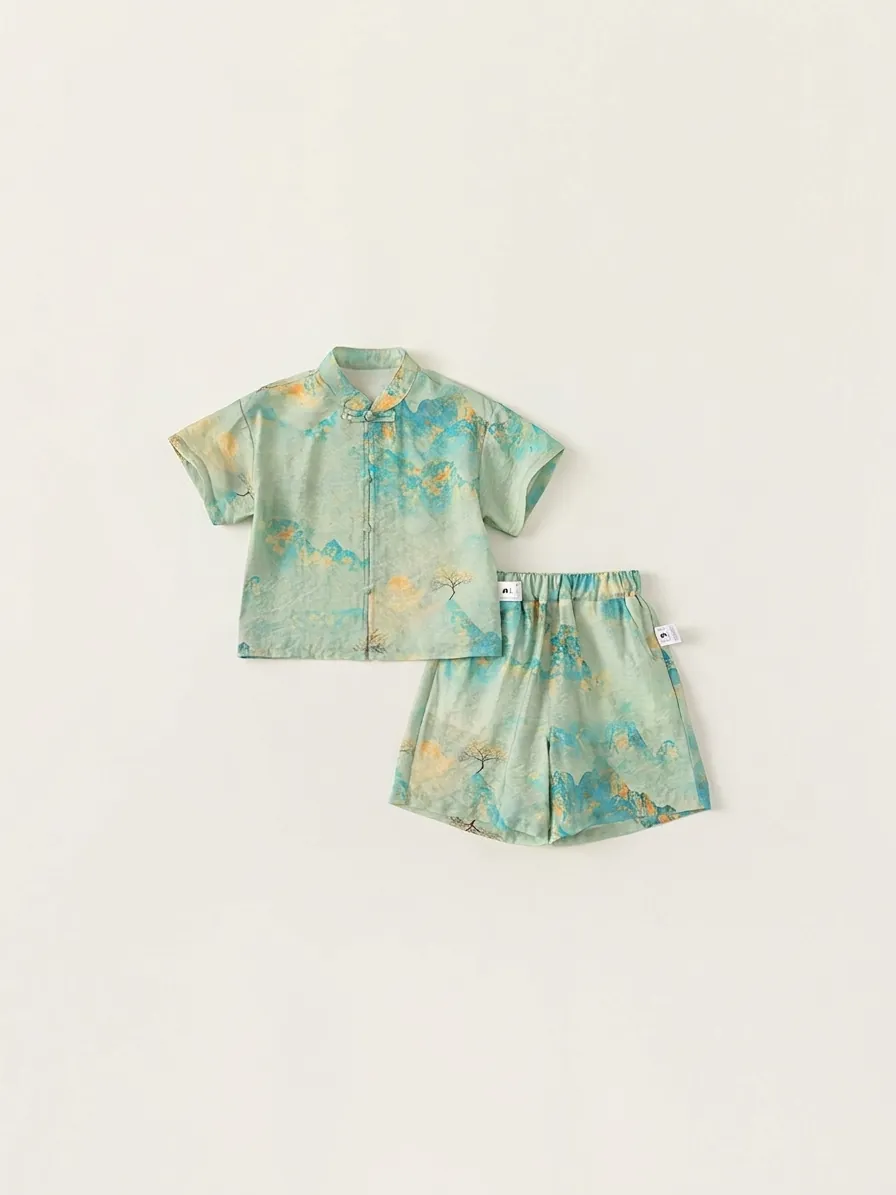 Kids Chinese Style Hanfu Set Traditional Printed Landscape Pattern Short Sleeve Top And Shorts Tang Suit Two Piece Outfit