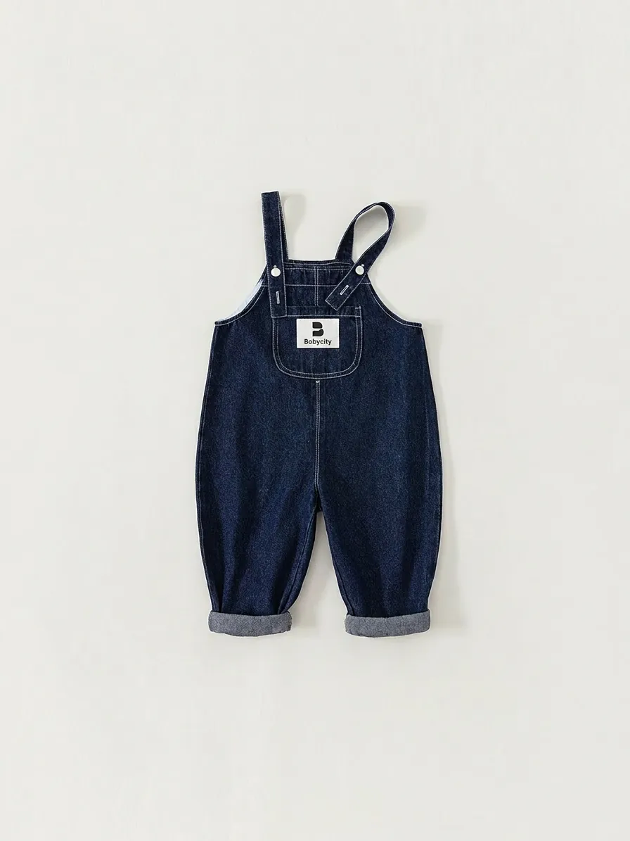 Kids Denim Overalls Solid Color Cotton Suspender Bib Pants Casual Toddler Jumpsuit Dark Blue Soft Denim Trousers For Boys Girls