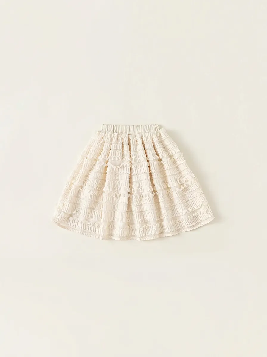 Girls Tiered Ruffle Skirt Polyester Beige Sweet Style Summer Casual Skirt For Kids School Daily Wear Breathable Skirt