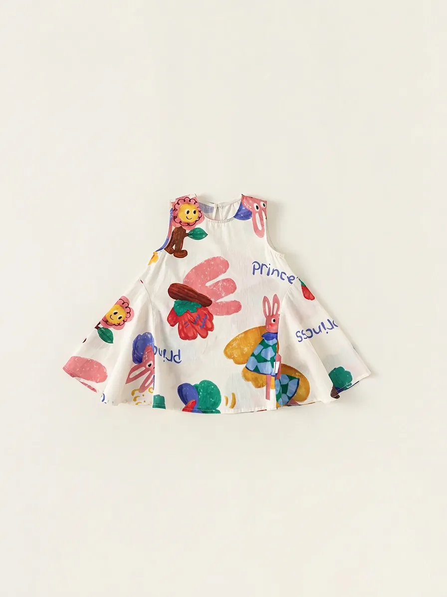 Kids Summer Cotton Sleeveless Cartoon Printed Dress Casual Doodle A-Line Sundress For Girls Toddler Baby Clothing Dress