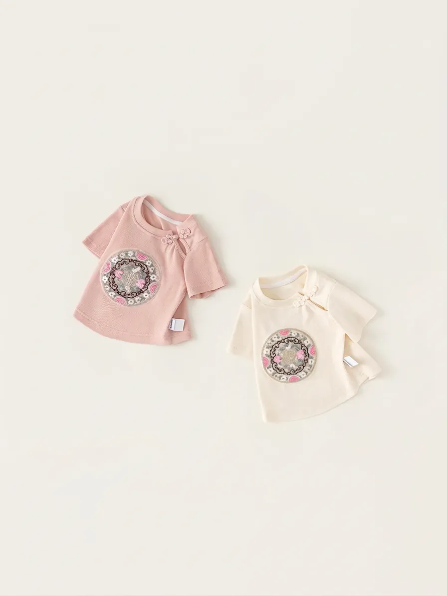 Toddler Girls New Chinese Style Cotton T-Shirt Vintage Floral Embroidery Frog Button Short Sleeve Summer Tops