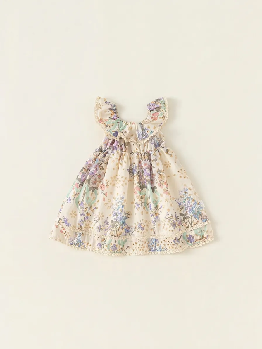 Robe sans Manches en Polyester à Imprimé Floral pour Filles Style Champêtre Français Volants Dentelle Trapèze Robe de Princesse Été Enfant