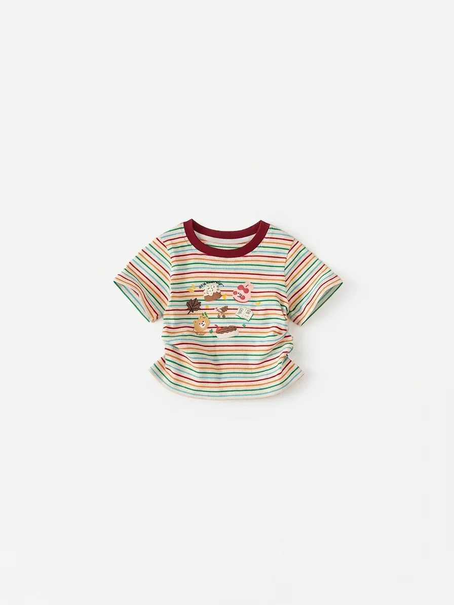 Mädchen Regenbogen Gestreift Kurzarm T-Shirt Baumwolle Cartoon Bär Hase Druck Kontrast Rundhalsausschnitt Sommer Casual Top