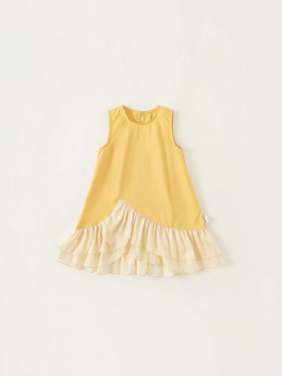 Abito Estivo Senza Maniche per Bambine Giallo Colore a Contrasto Patchwork Orlo con Volant a Strati Abito a Trapezio in Cotone