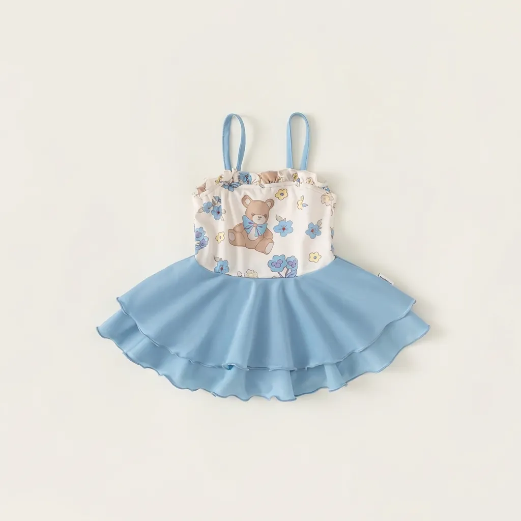 Maillot de Bain Une Pièce pour Filles Ours de Dessin Animé Imprimé Floral Volant Fines Bretelles pour Enfants Plage Vacances