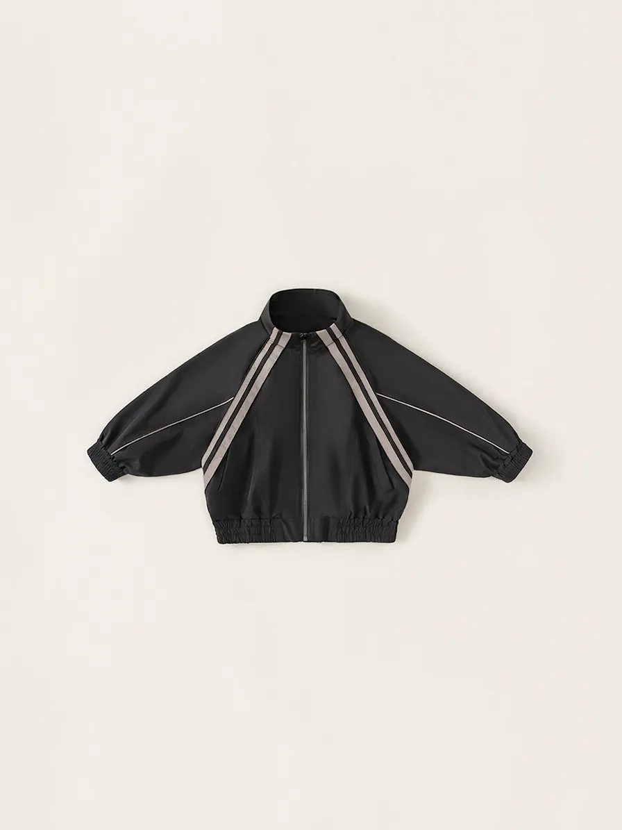 Boys Sporty Jacket Stand Collar Polyester Zipper Coat With Contrast Stripes For Kids Casual Autumn Outerwear