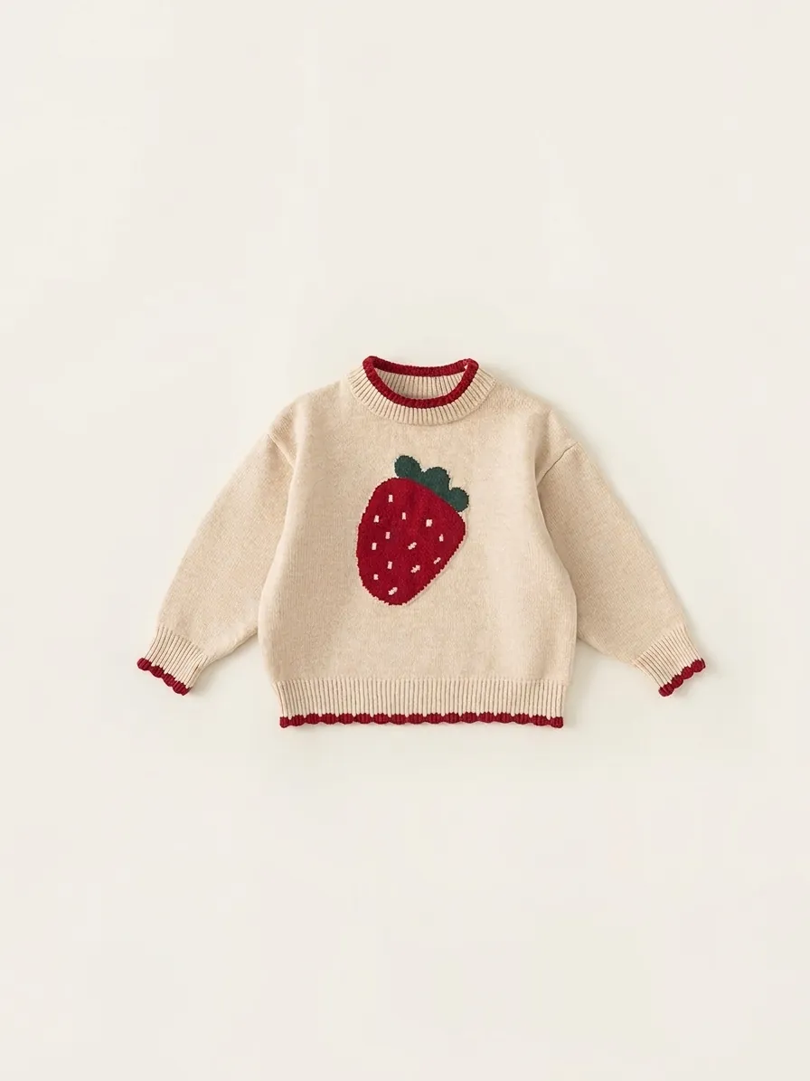 Girls Cute Strawberry Knit Sweater Long Sleeve Pullover Soft Acrylic Contrast Wave Edge Knitwear Top For Kids Toddlers