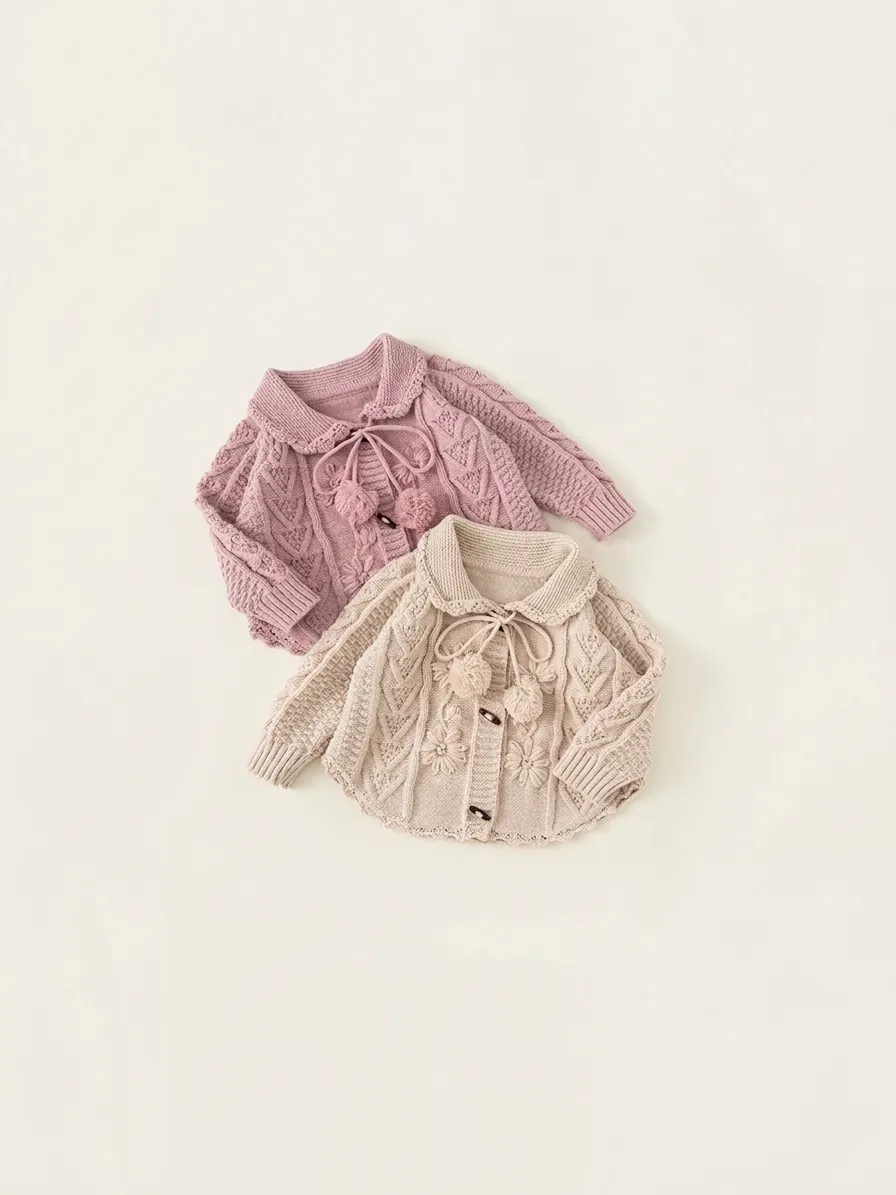 Girls Vintage Knit Cardigan Sweater 3D Floral Embroidery With Pompoms Toggle Button Lapel Long Sleeve Polyester Kids Outerwear