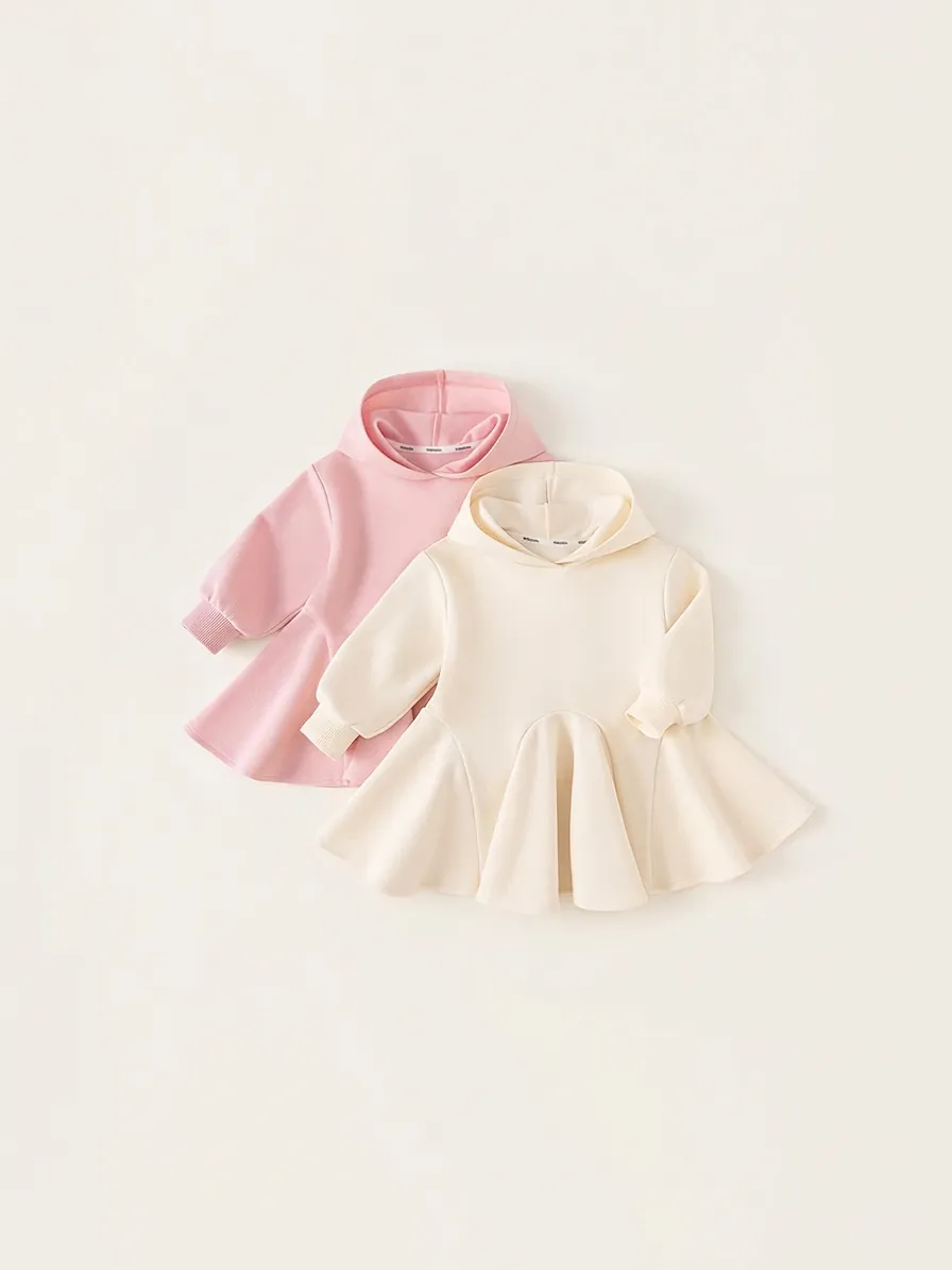 Robe à Capuche Douce pour Filles Manches Longues Couleur Unie Jupe Princesse Évasée Mélange de Coton Tenues d'Automne Printemps
