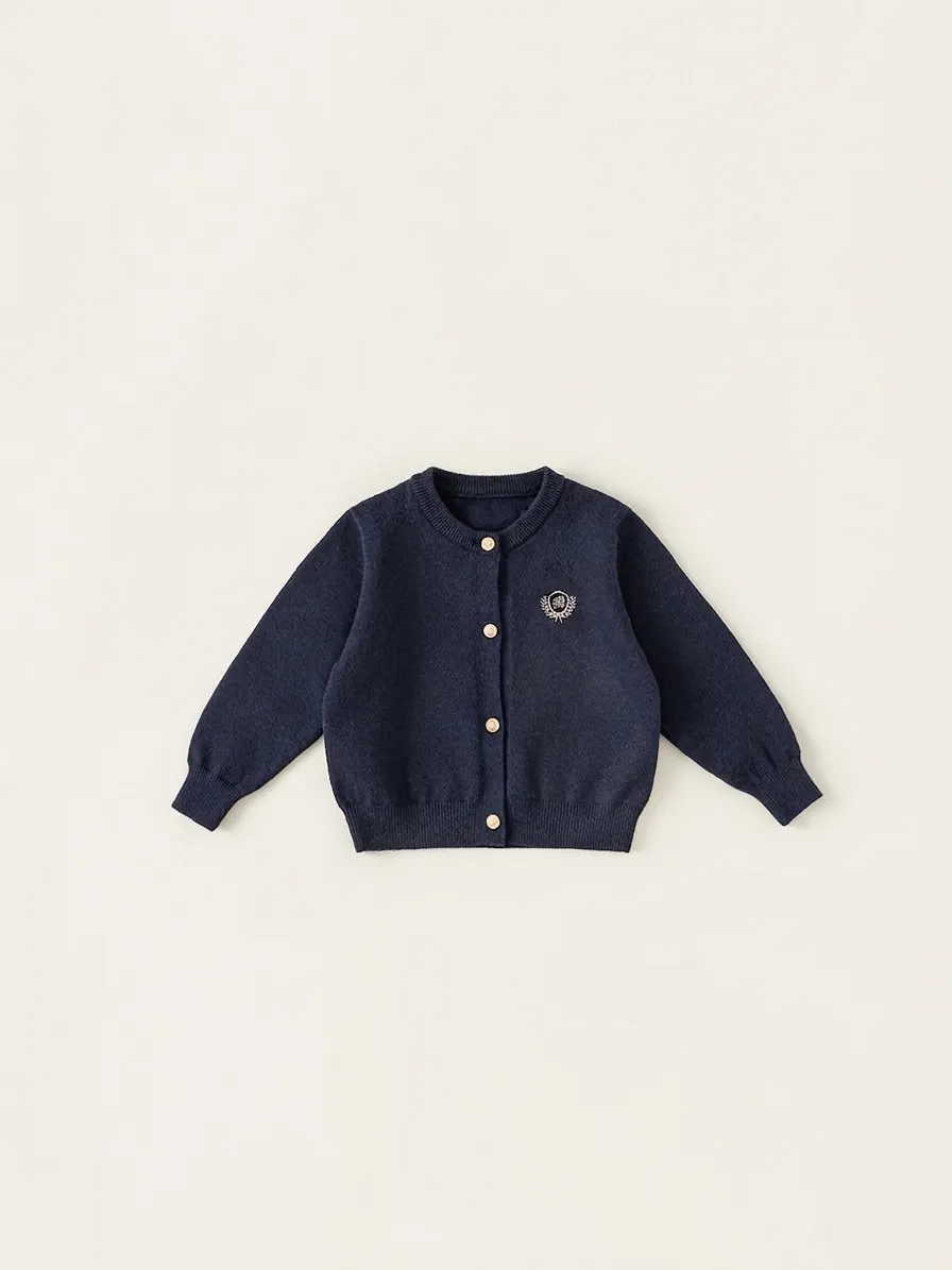 Cardigan en Tricot pour Garçons Style Académie Bleu Marine Pull Souple en Acrylique Avec Boutons Dorés et Badge Brodé pour Enfants