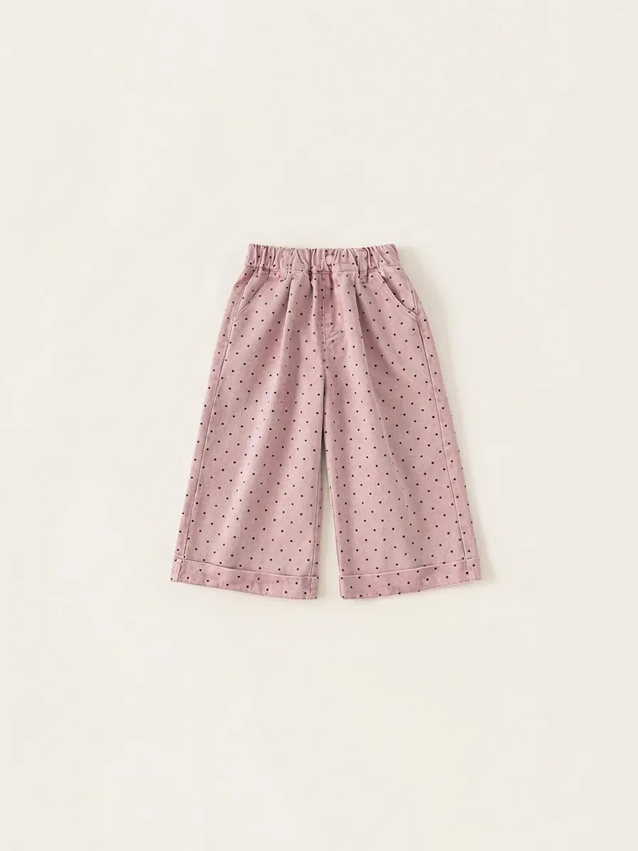 Girls 100% Cotton Casual Polka Dot Wide Leg Trousers Minimalist Pink Elastic Waist Long Pants For Kids Daily School Wear