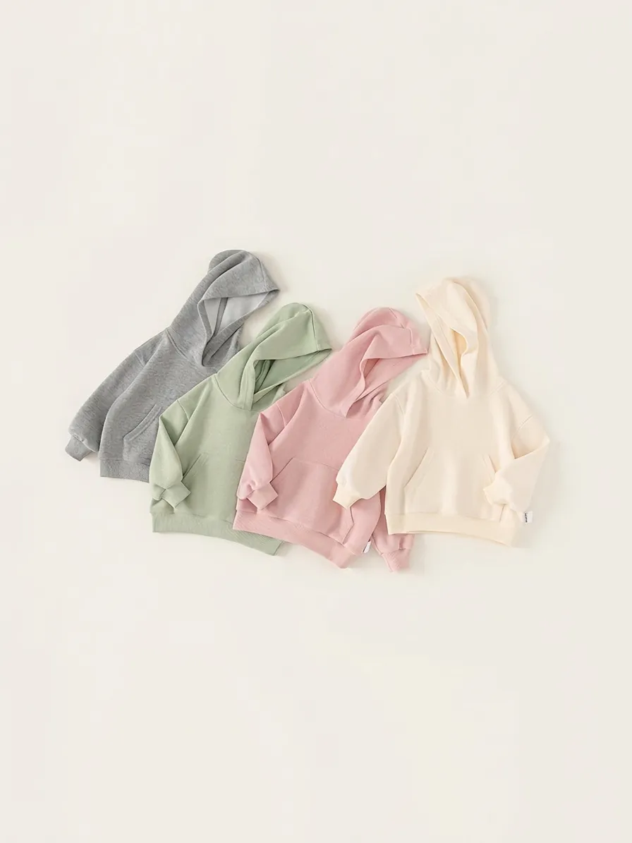Kids Minimalist Cotton Hoodie Long Sleeve Pullover Sweatshirt With Kangaroo Pocket Casual Solid Color Top For Boys Girls