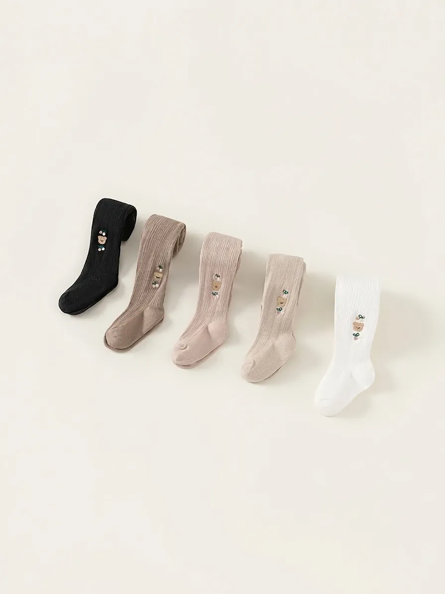Baby Girl Ribbed Knit Cotton Tights Spring Autumn Toddler Bear Embroidery Leggings Comfortable Infant Footed Stockings