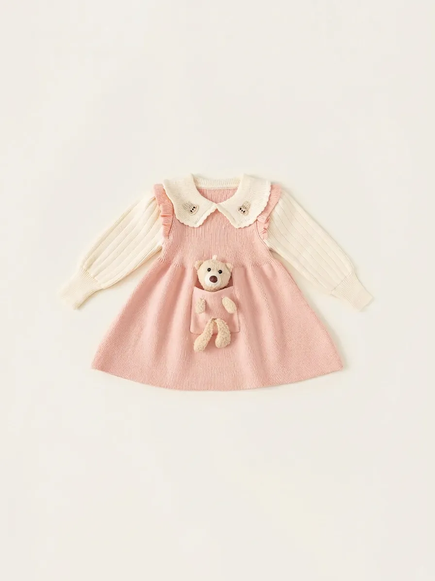 Toddler Girls Knit Dress With 3D Plush Bear Peter Pan Collar Long Sleeve A-Line Sweater Dress For Kids Autumn Spring