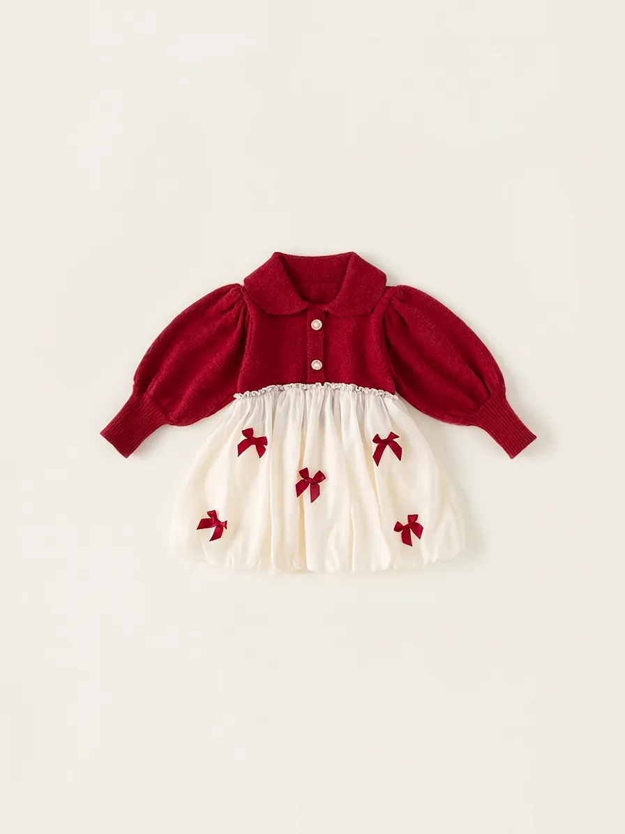 Süße Mädchen Langarm Strick Patchwork Kleid Rot Aprikose Schleife Prinzessin Kleid Mit Künstlichen Perlenknöpfen Für Frühling Herbst