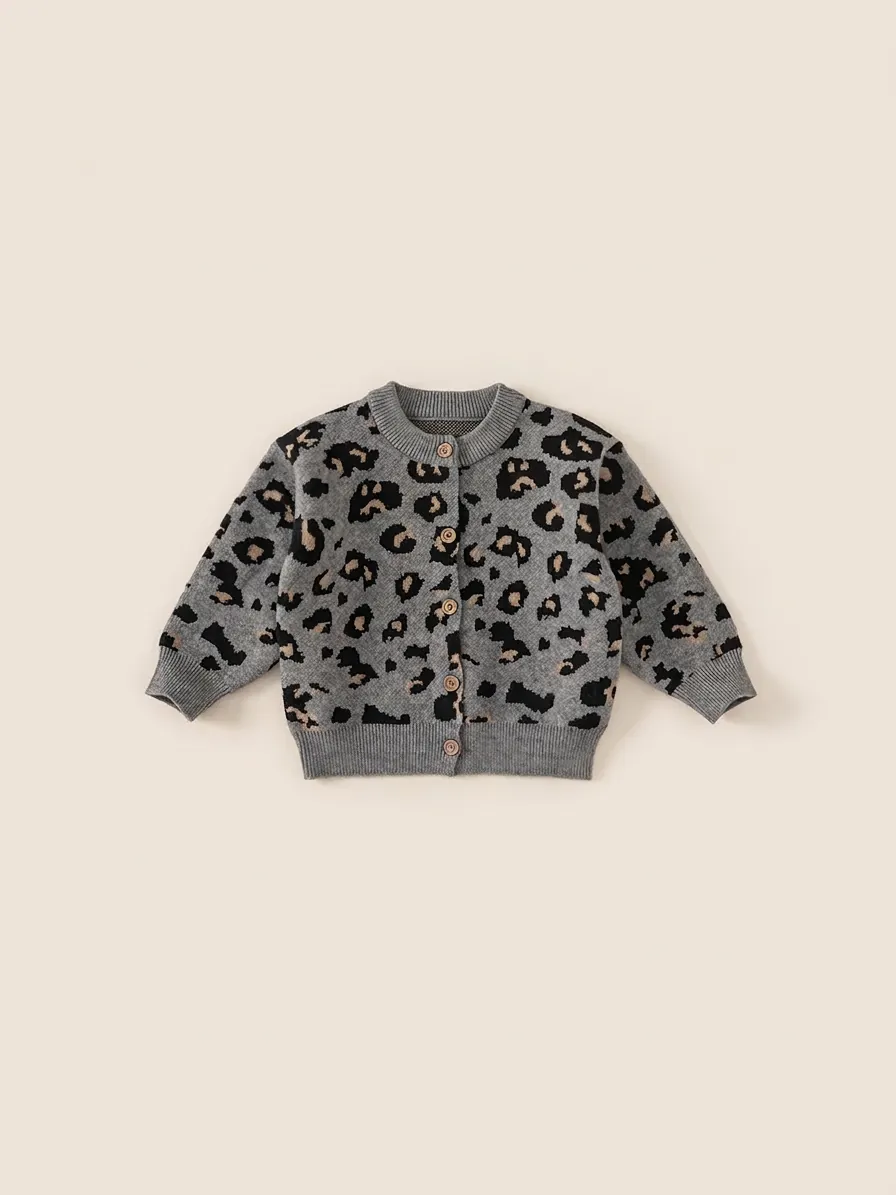 Toddler Kids Leopard Print Knitted Cardigan Sweater Grey Long Sleeve Button Up Round Neck Jacket For Boys Girls Autumn Winter
