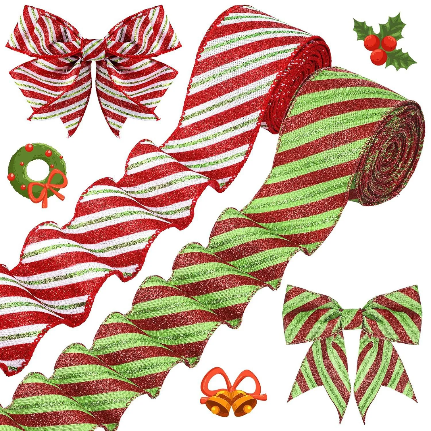 Christmas Glitter Striped Ribbon Wired Edge Polyester Decorative Ribbon For DIY Bow Making Holiday Party Gift Wrapping Decoration