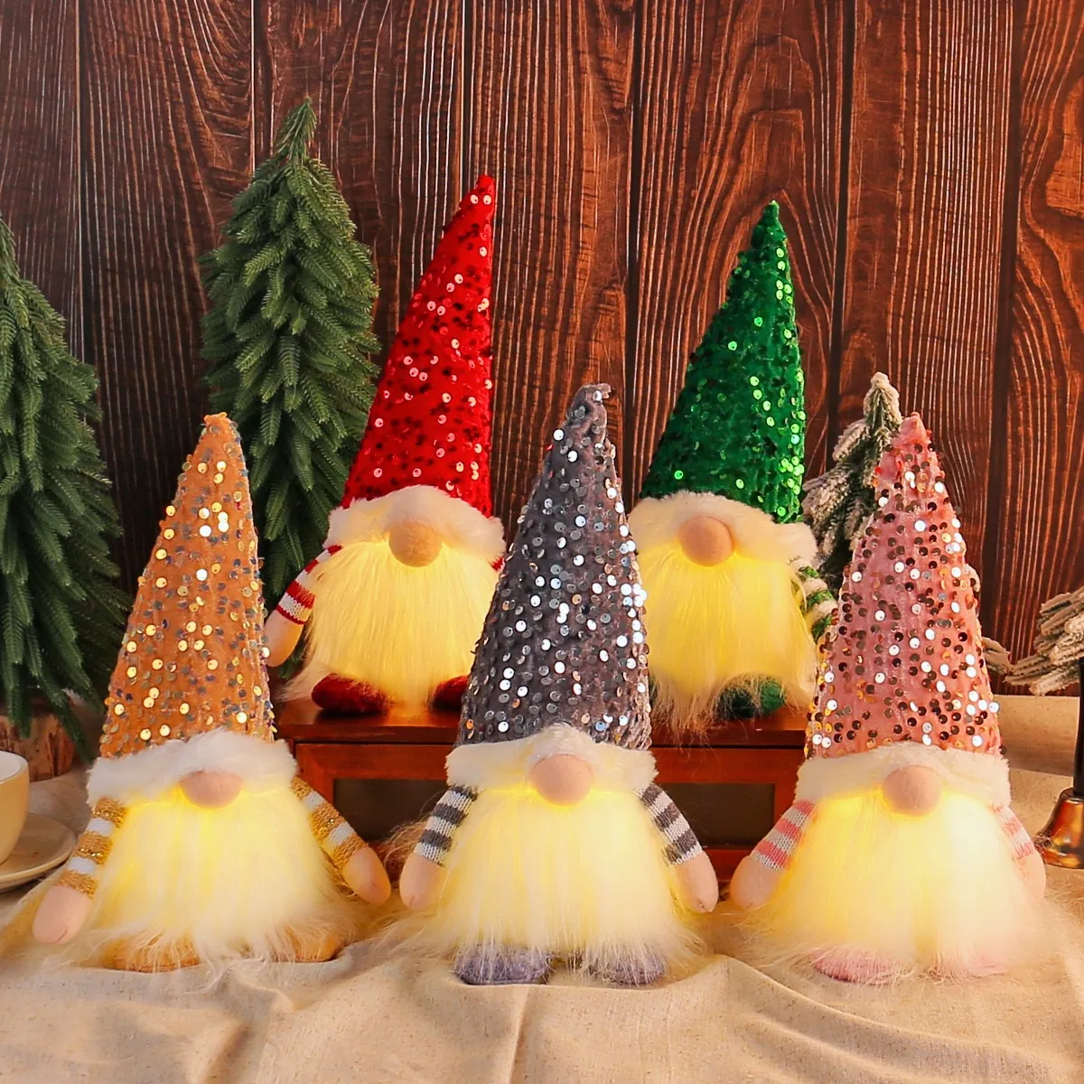Christmas Sequin Glowing Rudolf Gnome Doll With Warm LED Light Handmade Scandinavian Plush Faceless Dwarf Doll Ornament For Home Party Decor