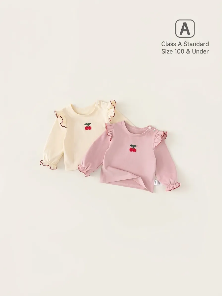 Baby Girl Cotton Long Sleeve T-Shirt Cherry Embroidery Sweet Ruffle Shoulder Button Infant Toddler Round Neck Breathable Top