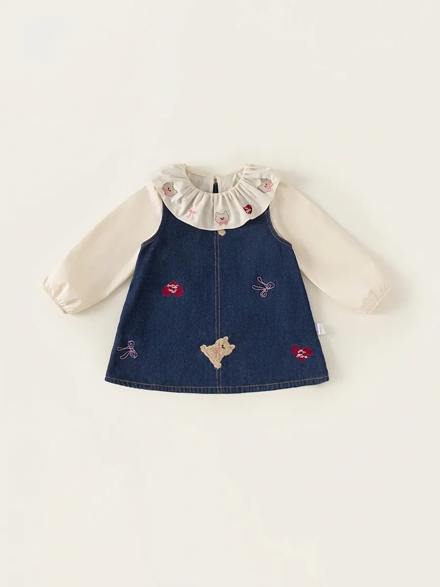 Ensemble de Vêtements 2 Pièces pour Petites Filles Blouse à Volants Broderie Ours et Robe en Denim Style Coréen Doux