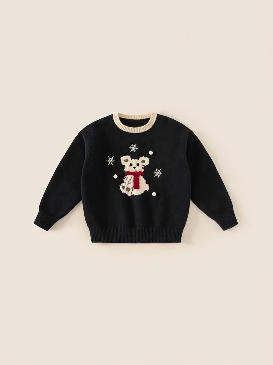 Girls Casual Christmas Knitted Sweater Cute Polar Bear Pattern Winter Warm Thickened Round Neck Pullover For Kids Toddlers