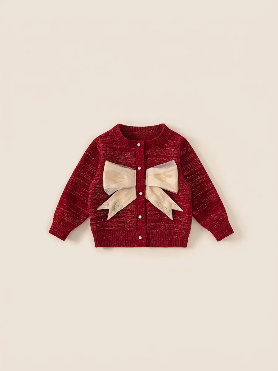 Cardigan In Maglia Per Bambine Maglione Fiocco Bottoni Perla Artificial Manica Lunga Girocollo Festivo Inverno Autunno Morbido