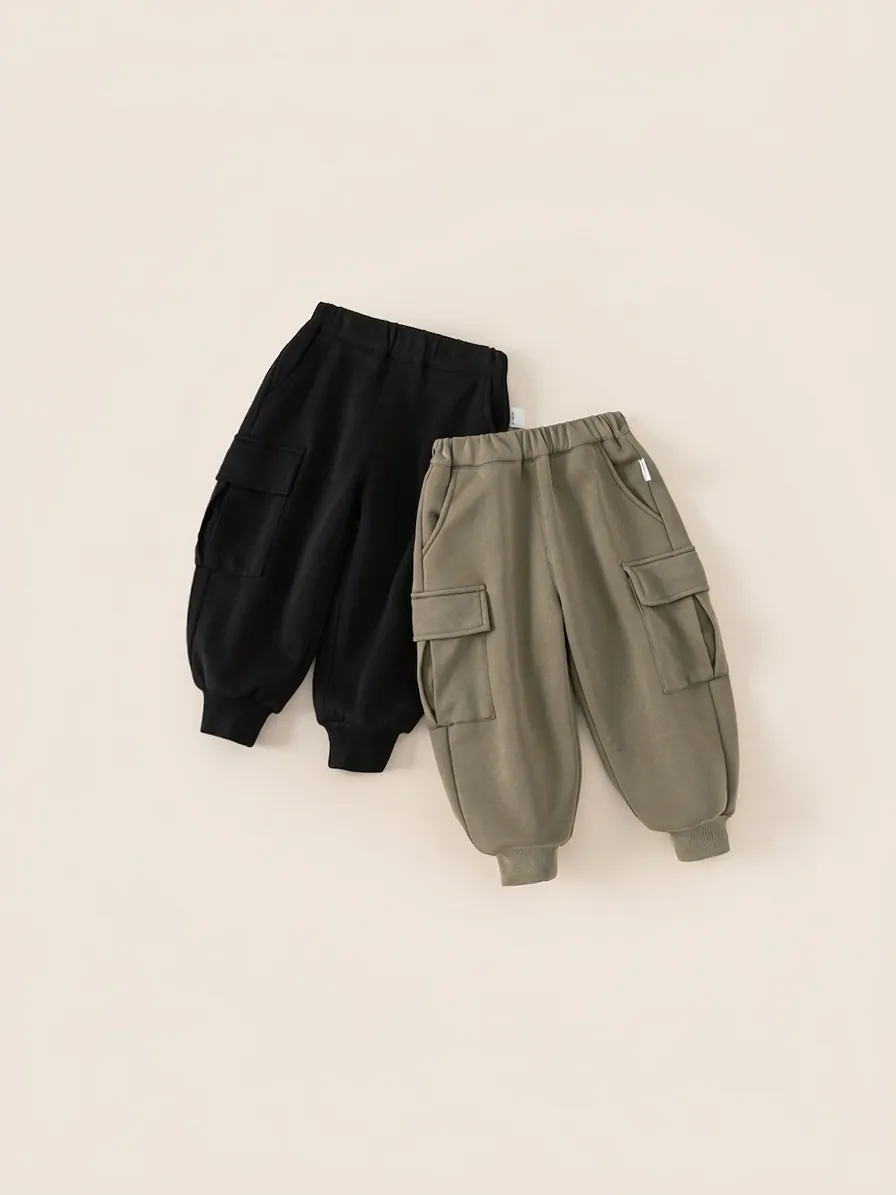 Boys Warm Fleece Lined Cargo Jogger Pants For Kids Winter Autumn Casual Solid Color Elastic Waist Soft Polyester Trousers