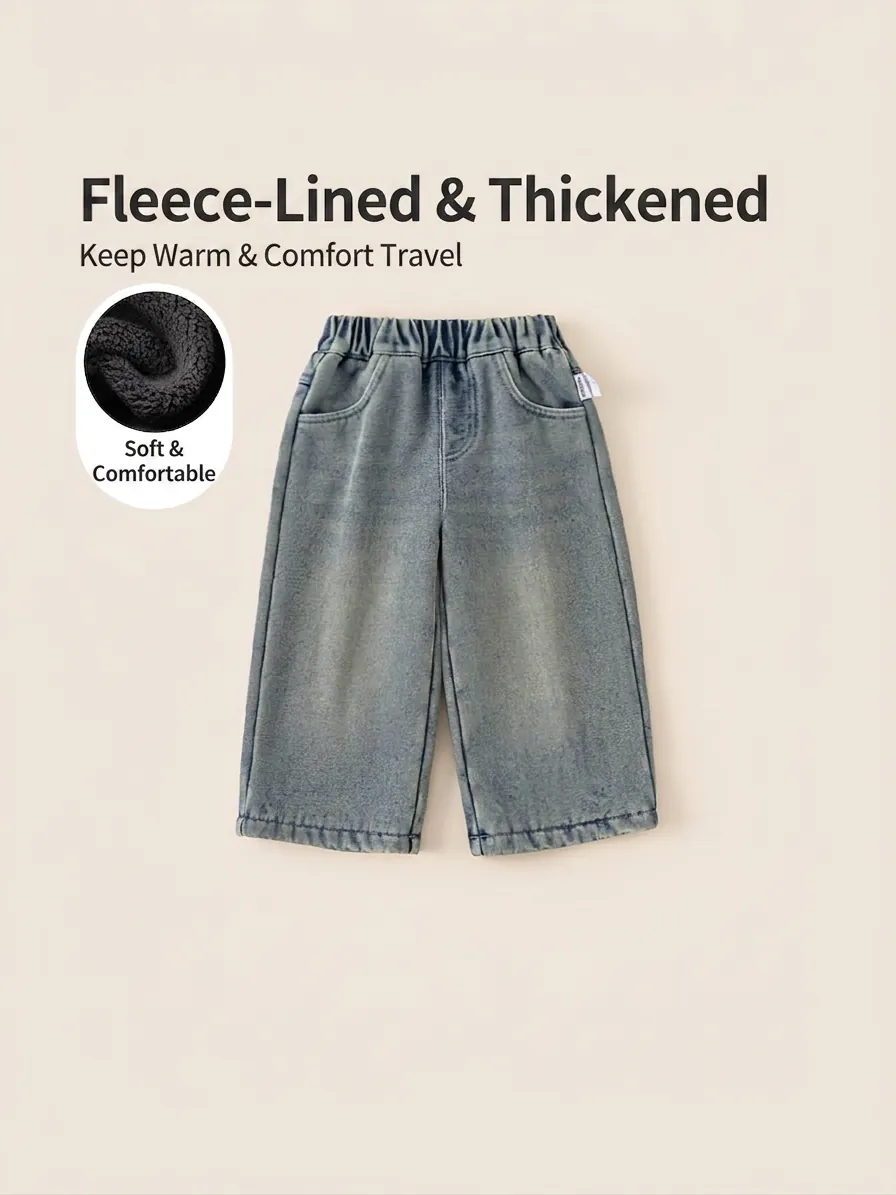 Jean en Denim d'Hiver Doublé de Molleton pour Filles Jambe Droite Pantalon en Denim de Mélange de Coton Chaud Délavé Taille Élastique