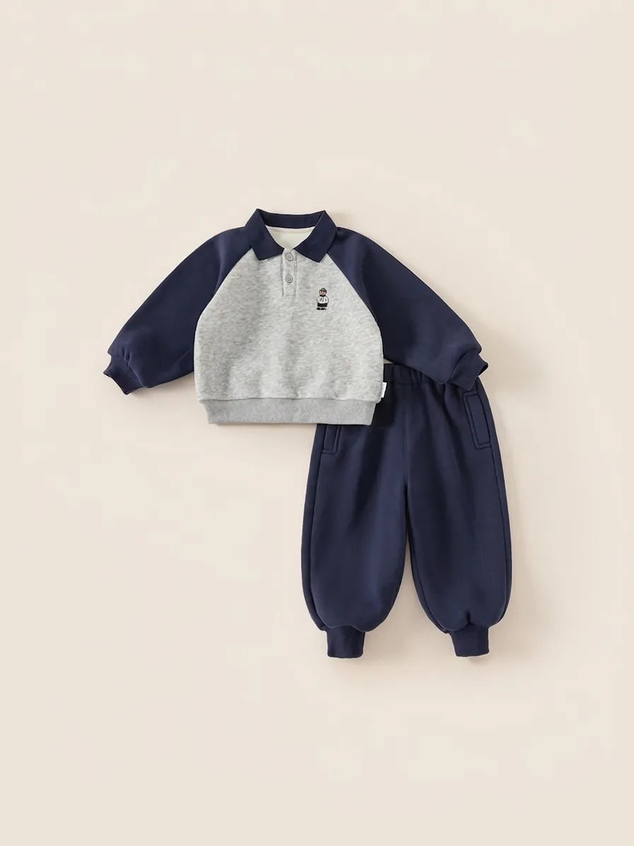 Kids Toddler Fleece Lined Sweatshirt And Pants Set Cartoon Bear Embroidery Long Sleeve Polo Collar Sporty Outfit For Winter