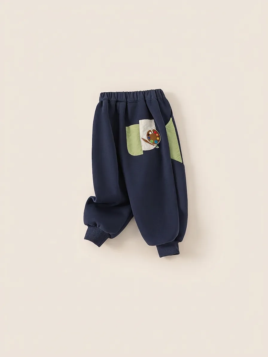 Boys Fleece Lined Sweatpants Thickened Winter Sports Pants Elastic Waist Ribbed Cuffs Warm Cotton Blend Trousers For Kids