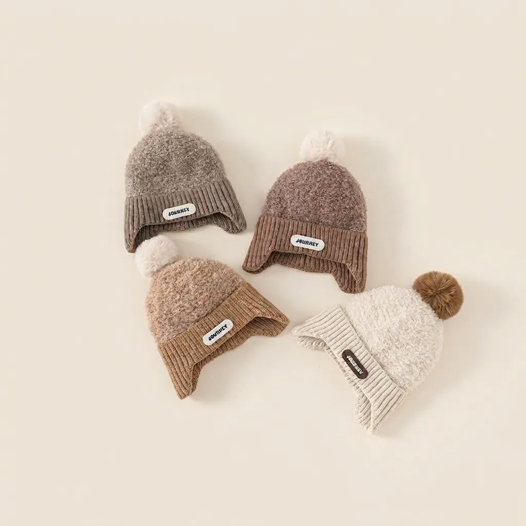 Kids Winter Warm Knitted Earflap Hat Pom Pom Beanie Fleece Lined Journey Letter Label Cap For Toddler Boys Girls Outdoor