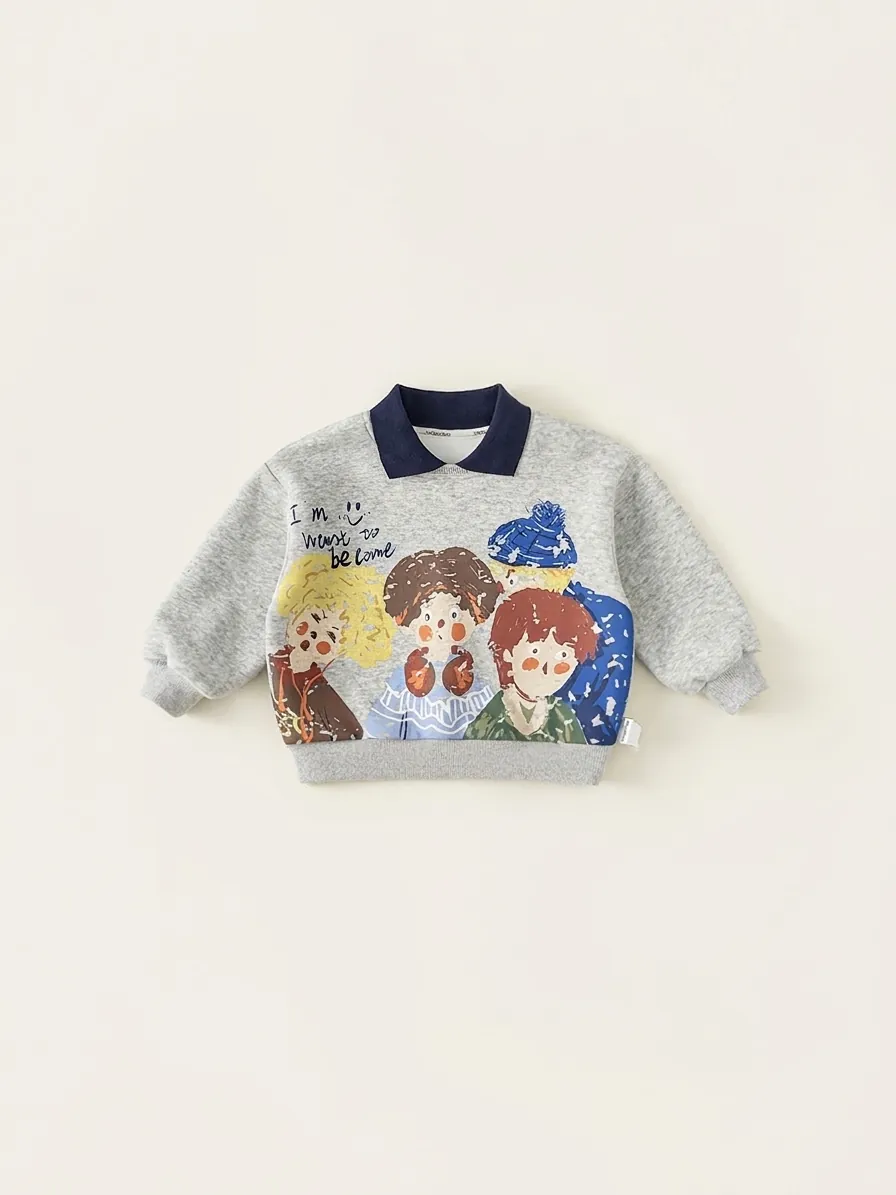 Kids Cartoon Graffiti Printed Polo Collar Sweatshirt Long Sleeve Casual Pullover Top Cotton Blend Boys Girls Sweater