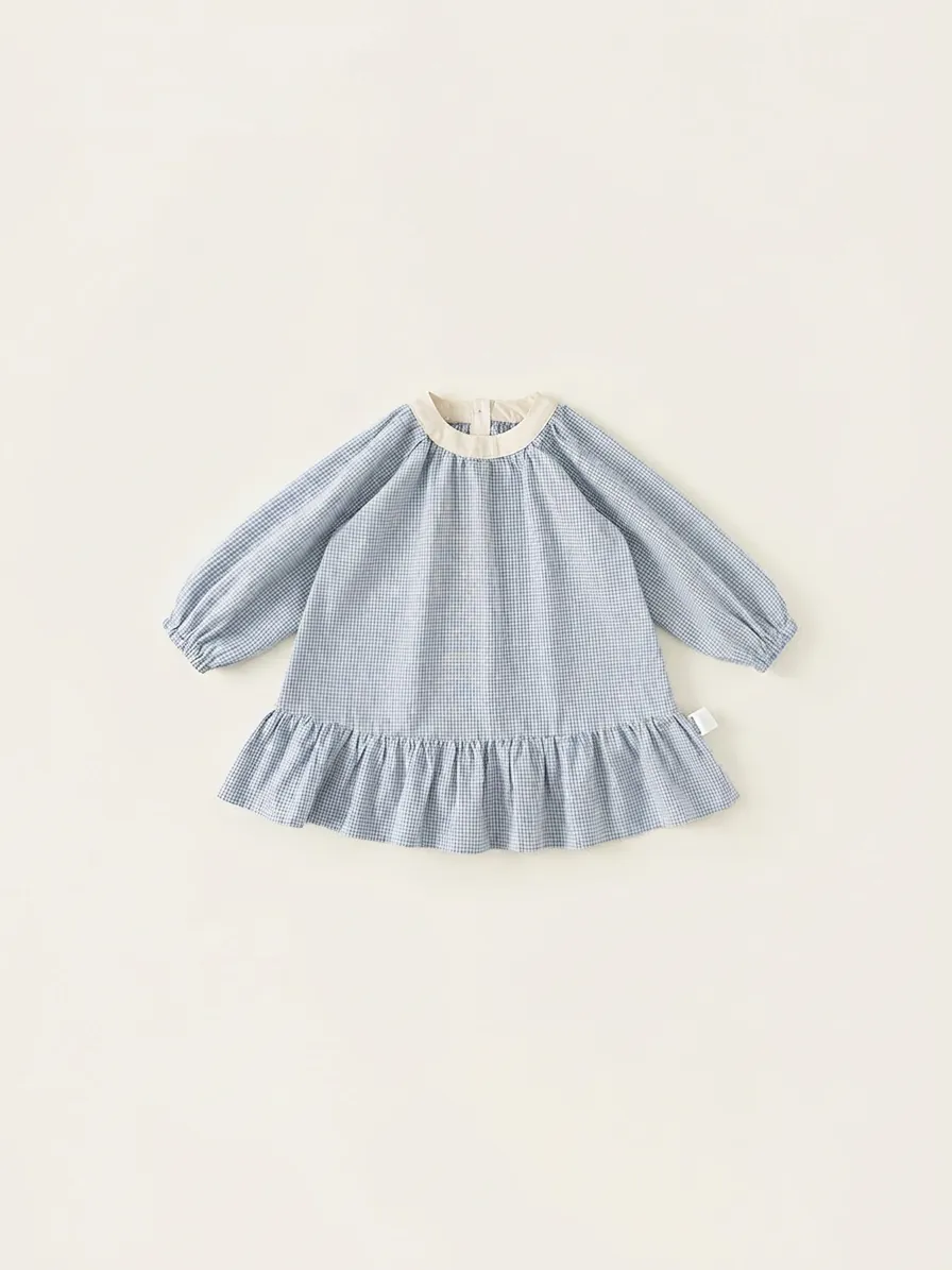 Dolce Abito da Principessa in Cotone a Quadretti Gingham per Bambine Manica Lunga con Bordo a Volant Girocollo Primavera