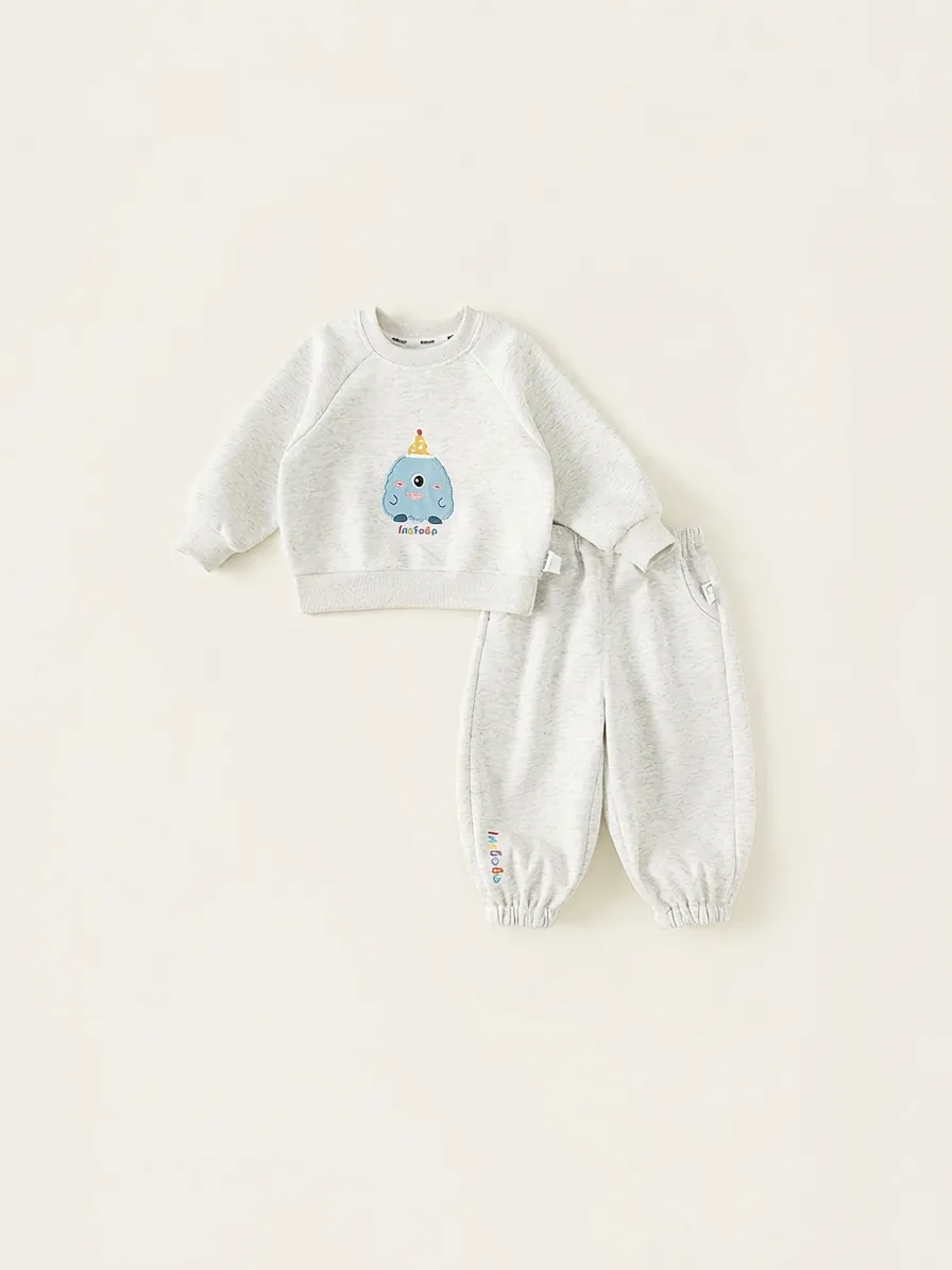 Kids Sporty Cotton Blend Sweatshirt And Pants Outfit Cute Cartoon Monster Printed Heather Grey Toddler Clothing Set